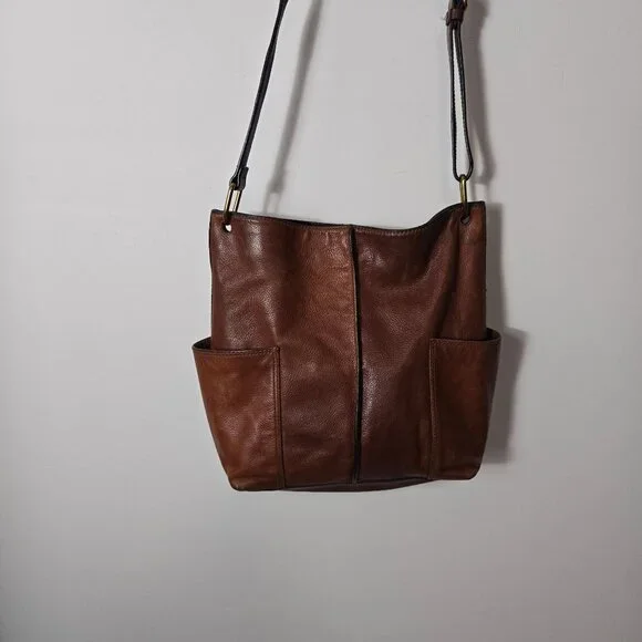Fossil Brown Cow Hide Leather Crossbody Bag Medium Snap Closure Adjustable - Picture 6 of 16